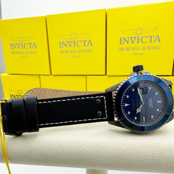 Invicta Pro Diver Blue Dial Gunmetal Case Men Watch with Cowhide Premium Leather - Picture 7 of 10